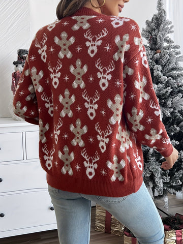 Snowflake Print Knit Button Cardigan