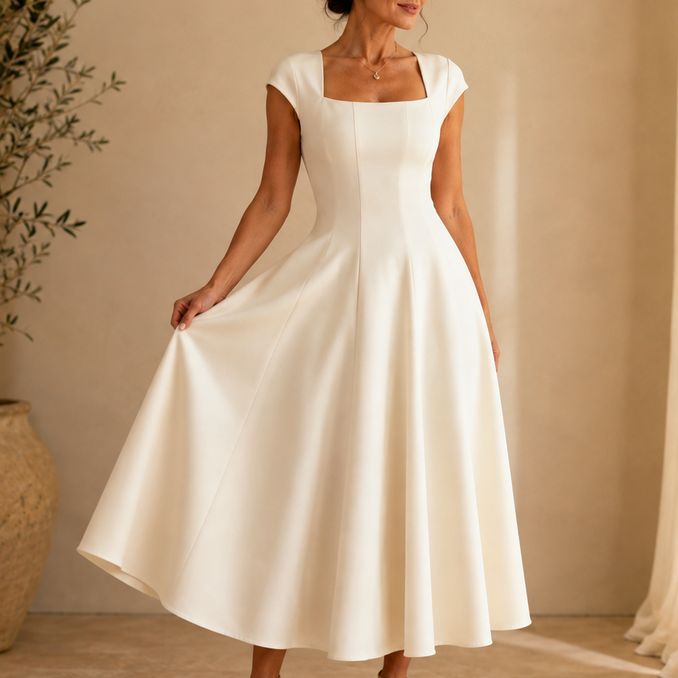 Ivory square neck midi dress with cap sleeves and a full flared skirt
