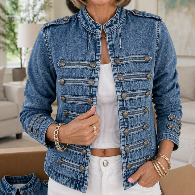 Blue denim military jacket with a standing collar and double buttons