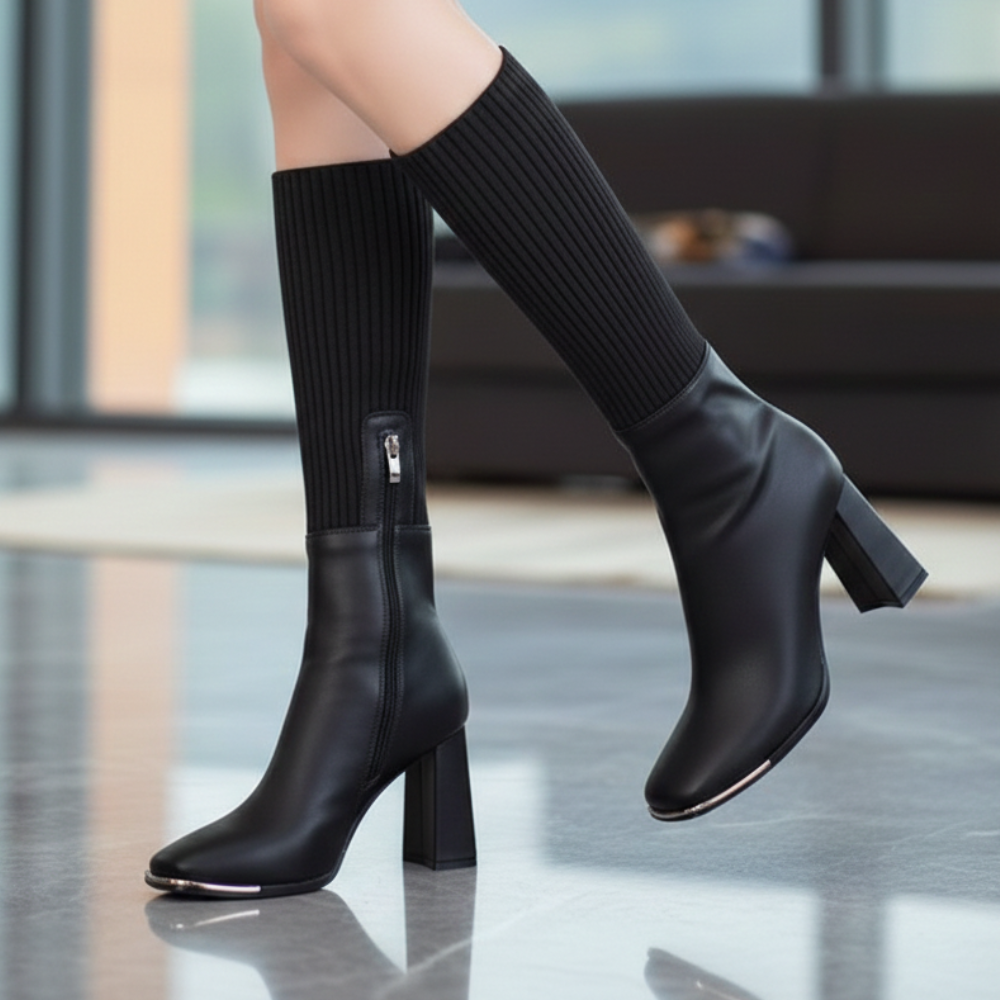Black knee high boots with a ribbed knit shaft and a squared block heel, worn with bare legs