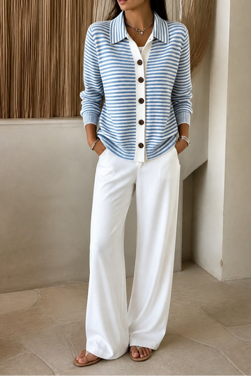 Striped Collared Button Cardigan