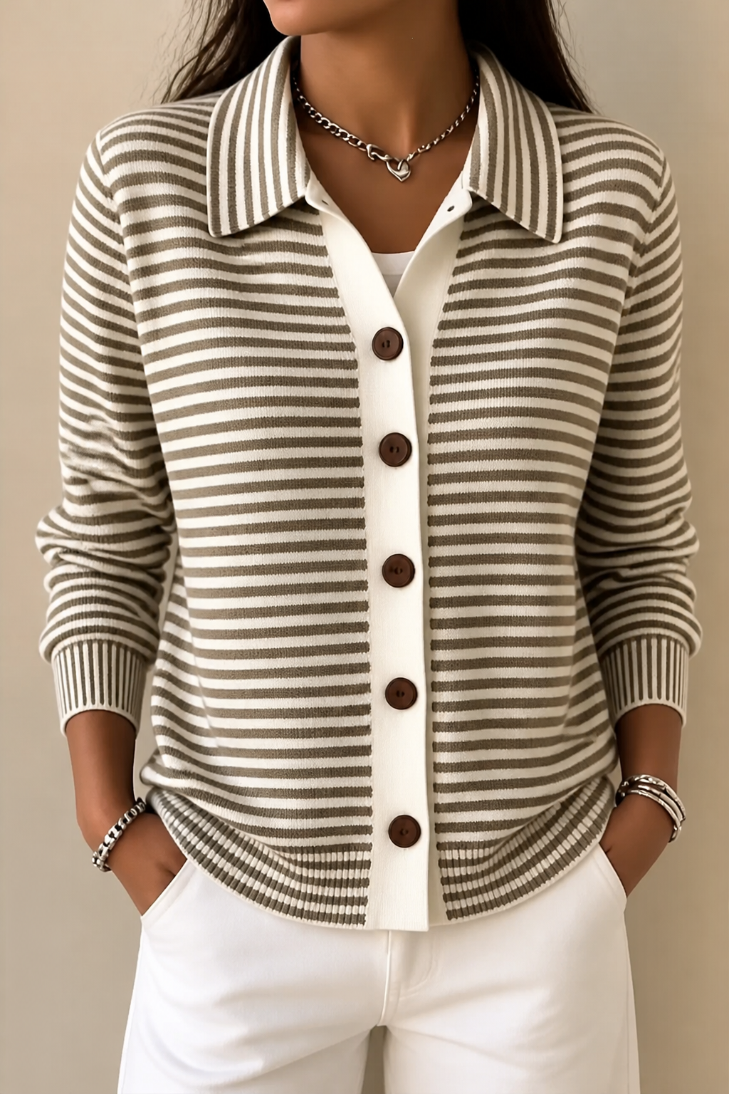 Taupe and cream striped knit cardigan with a collar and buttons