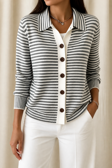 Striped Collared Button Cardigan