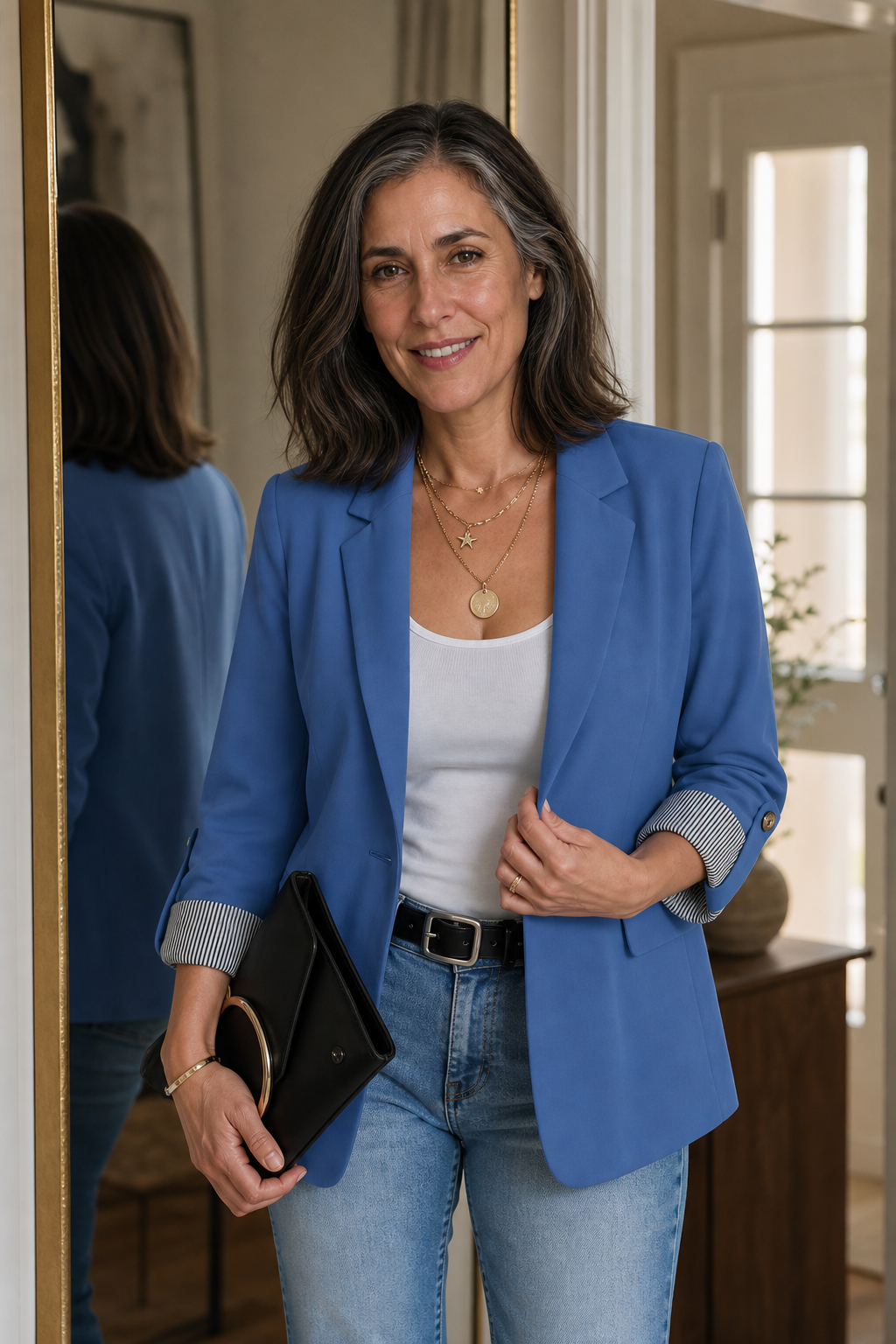 Woman in a blue roll sleeve blazer beside a mirror