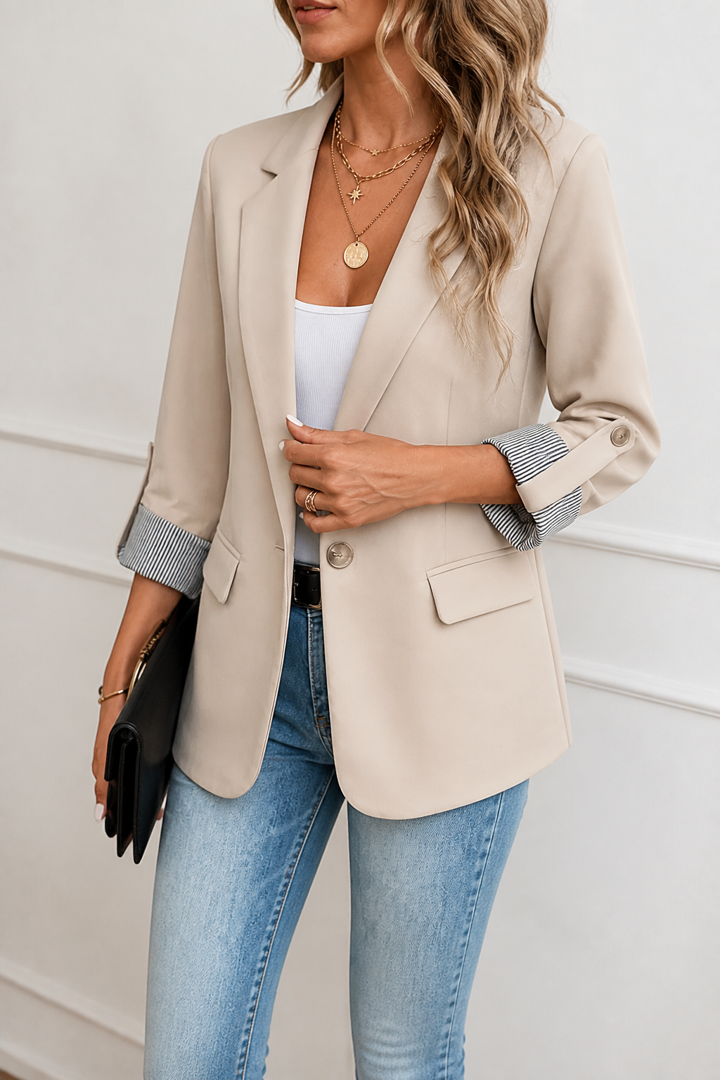 Beige blazer with roll sleeves and striped cuff linings