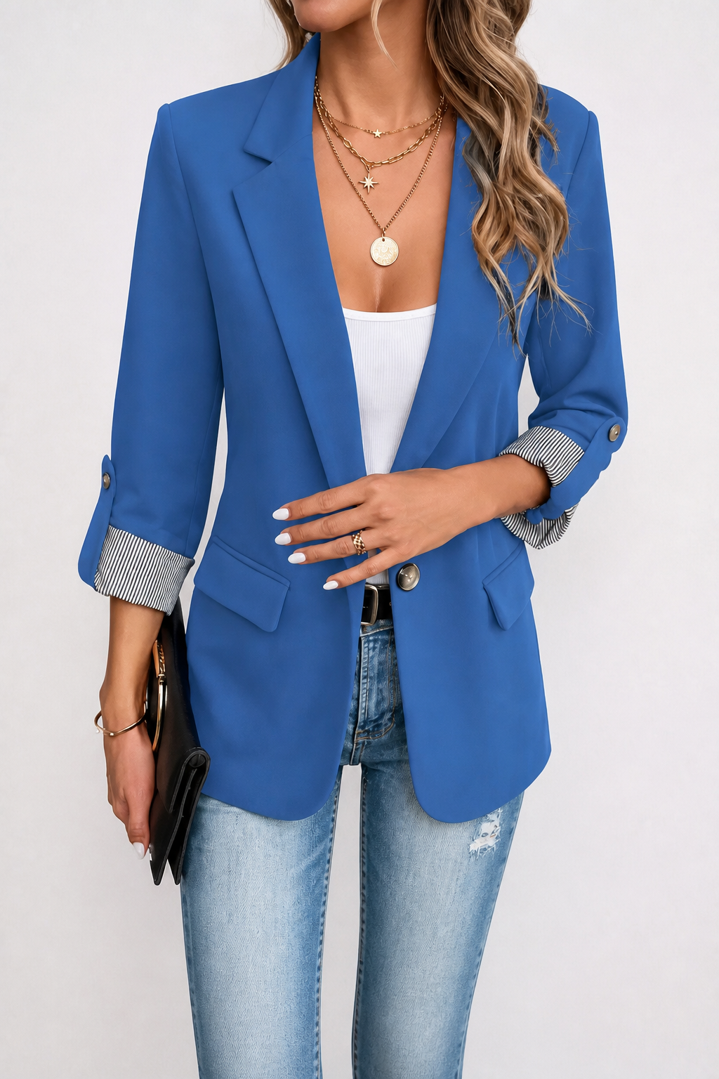 Blue blazer with roll sleeves and striped contrast cuffs