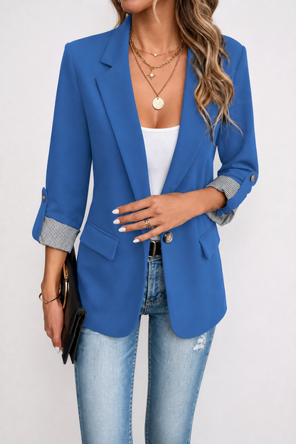 Blue blazer with roll sleeves and striped contrast cuffs