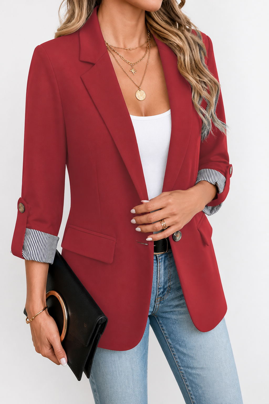 Red blazer with roll sleeves and striped contrast cuffs