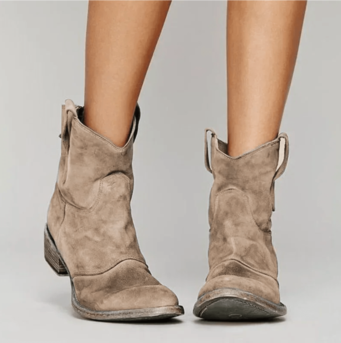 Taupe suede ankle boots with a block heel and pull tab