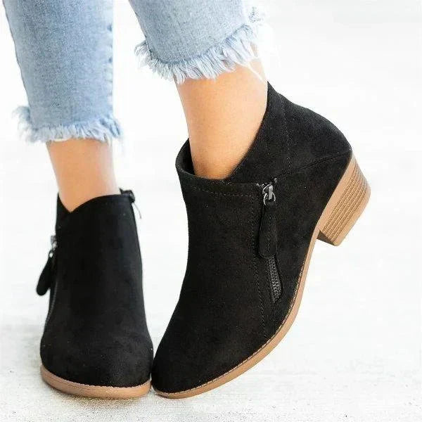 Black suede ankle boots with a side zip and stacked heel