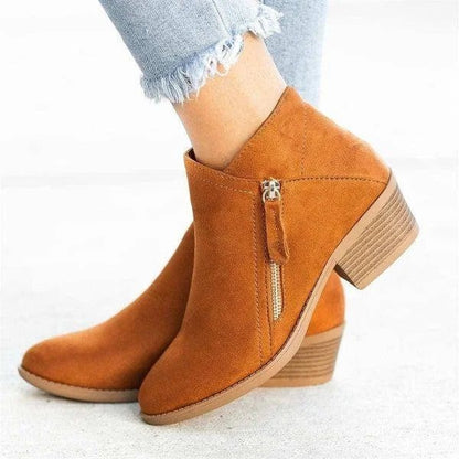 Tan suede ankle boots with a side zip and stacked heel