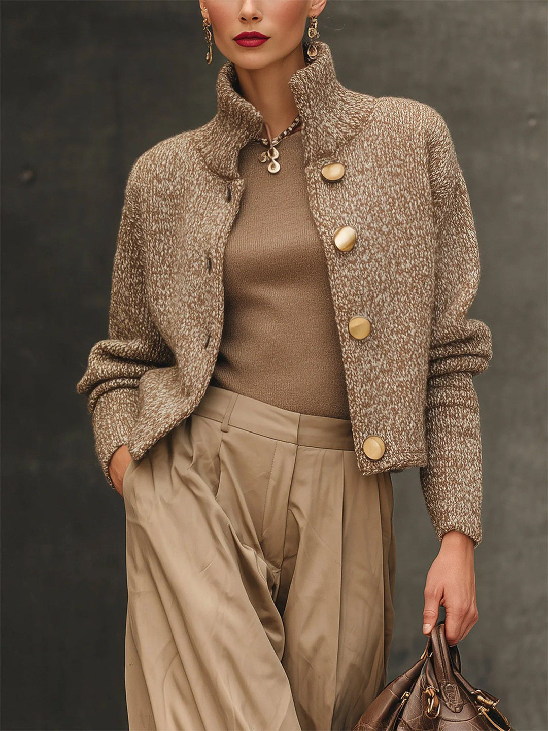 Taupe marled knit blazer with a stand collar and gold buttons