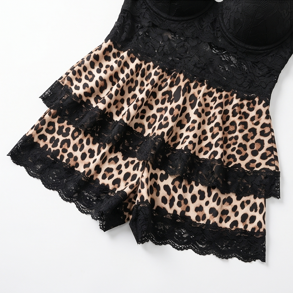 Leopard print peplum cami laid flat with black lace tiers