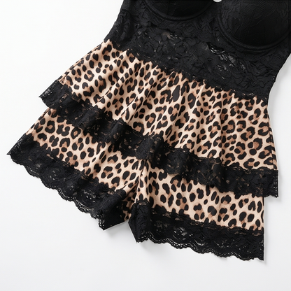 Leopard print peplum cami laid flat with black lace tiers