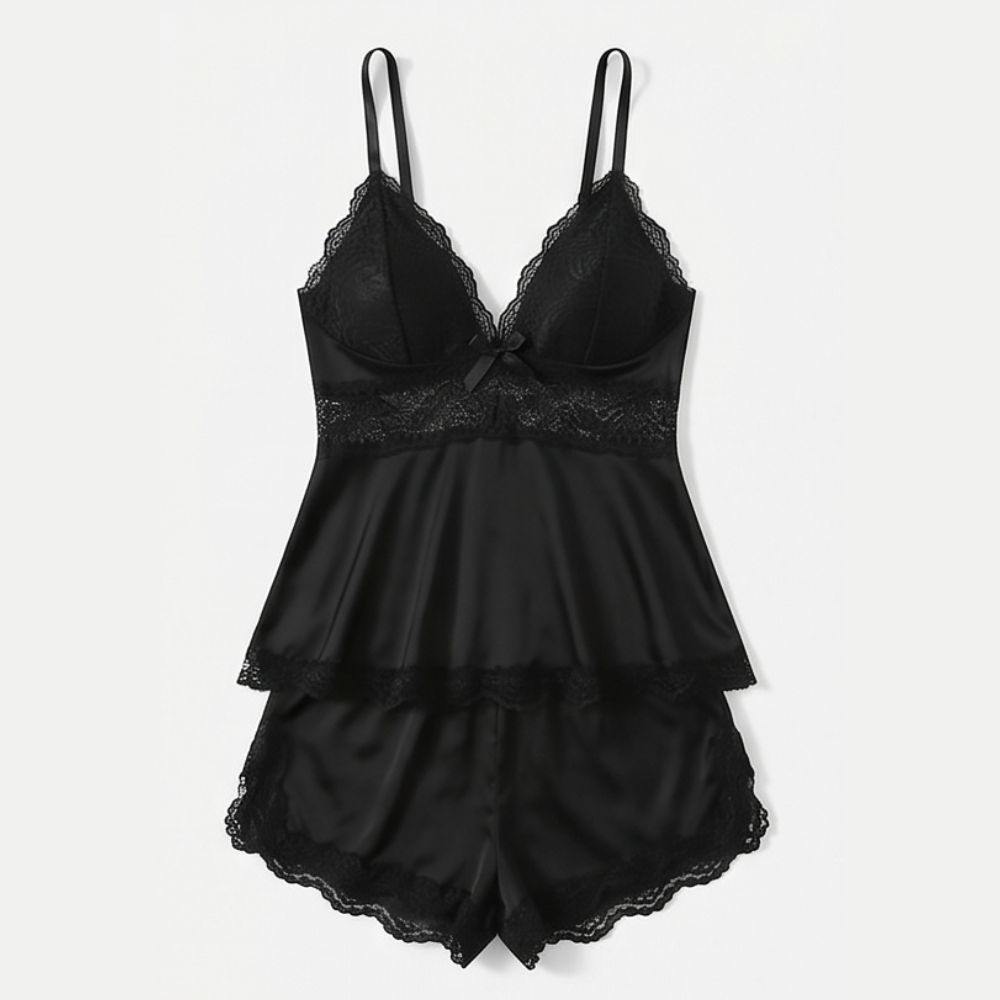 Black lace peplum cami and shorts set laid flat