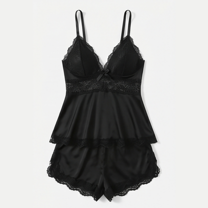 Black lace peplum cami and shorts set laid flat