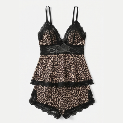 Leopard print peplum cami and shorts set laid flat