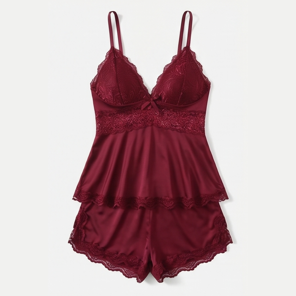 Burgundy lace peplum cami and shorts set laid flat