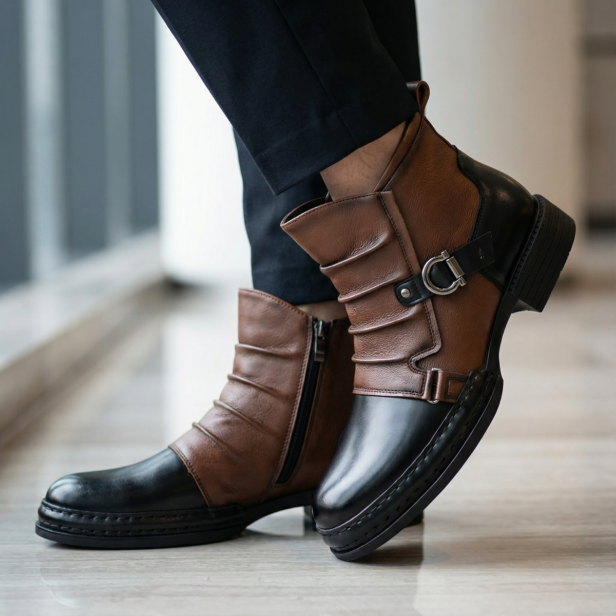 Two tone ruched ankle boots worn with navy trousers