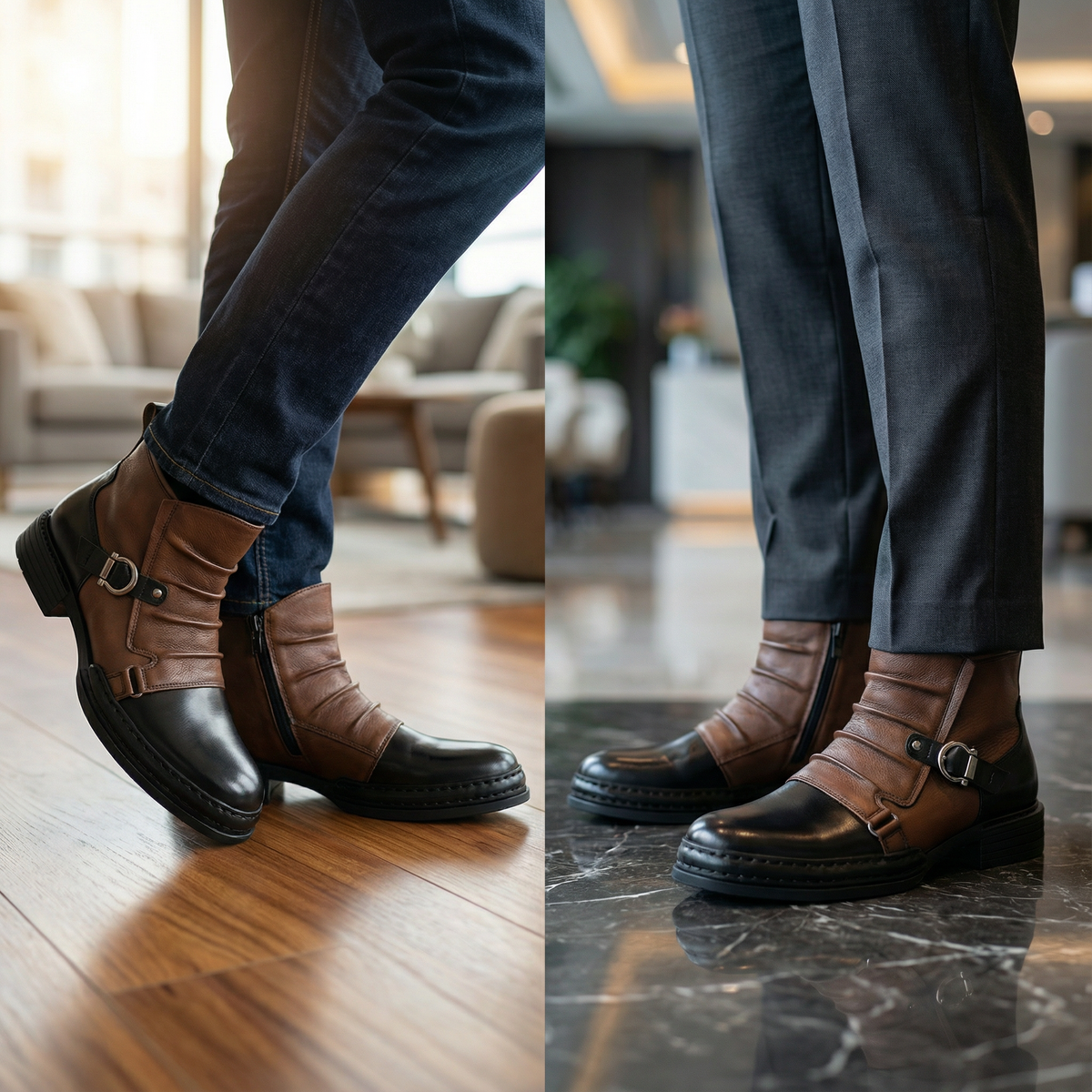 Two tone ruched ankle boots on a wooden and marble floor