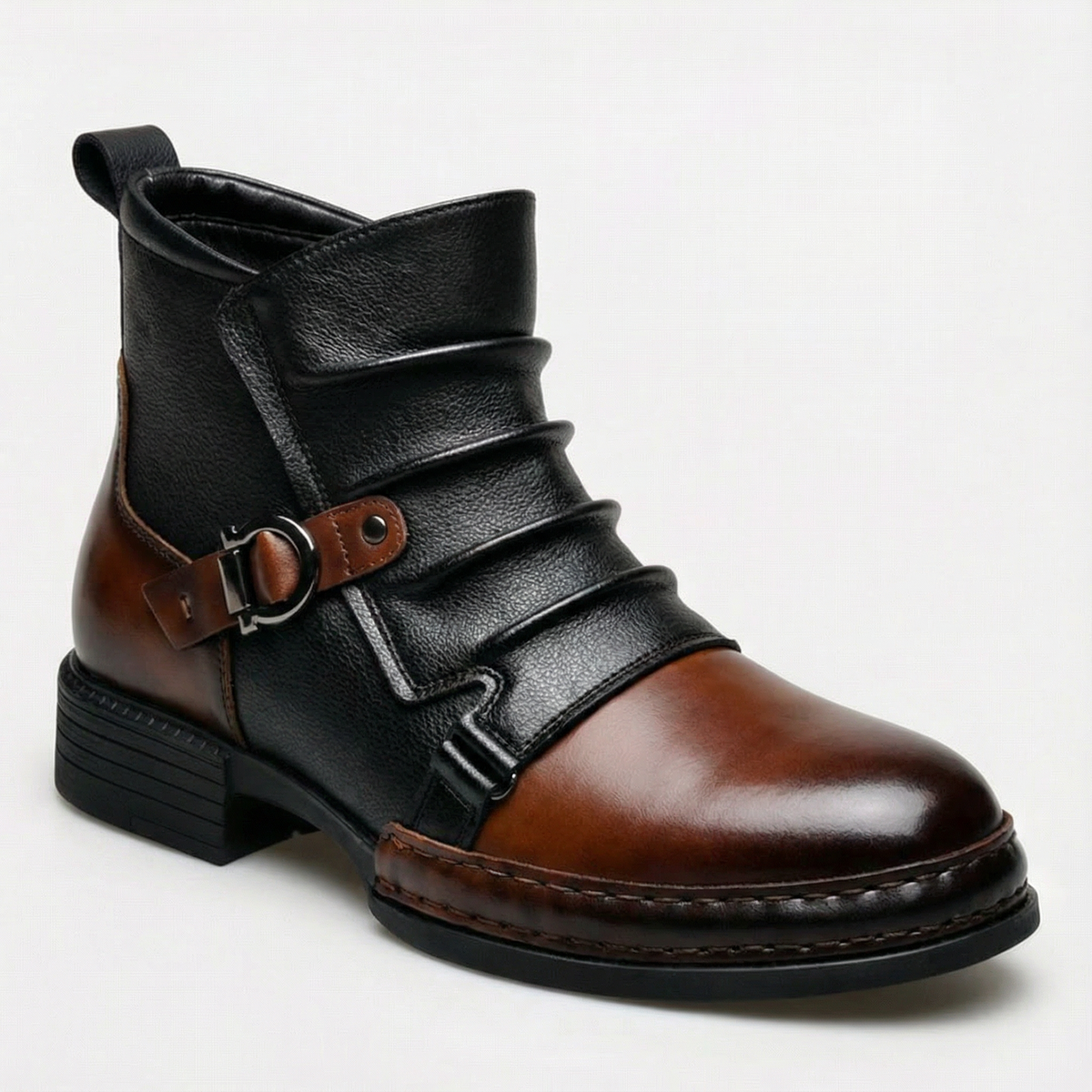 Black and brown two tone ruched ankle boots with buckle straps