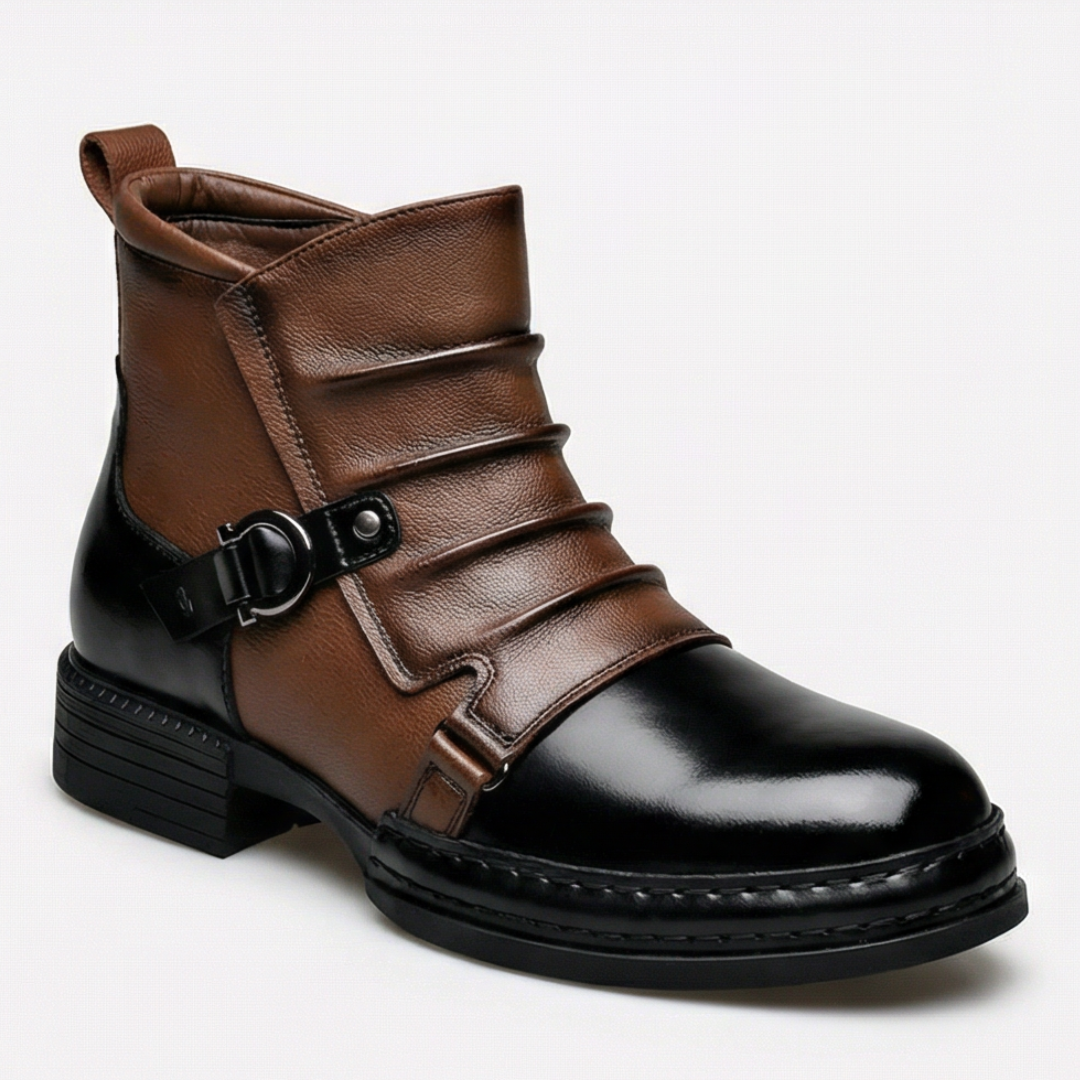 Two tone brown and black ruched ankle boots with a buckle strap