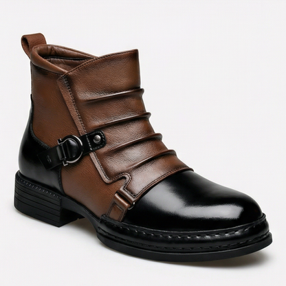 Two tone brown and black ruched ankle boots with a buckle strap