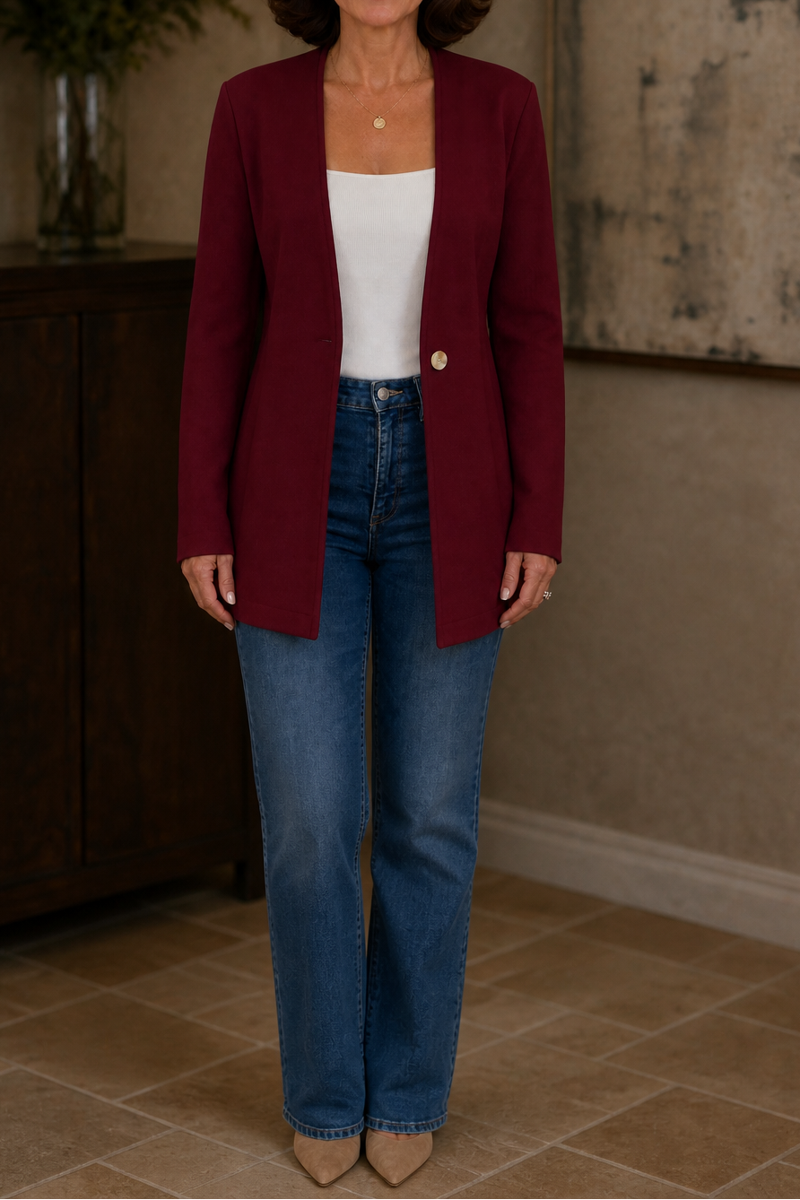 Burgundy A line blazer with a V neck and single gold button