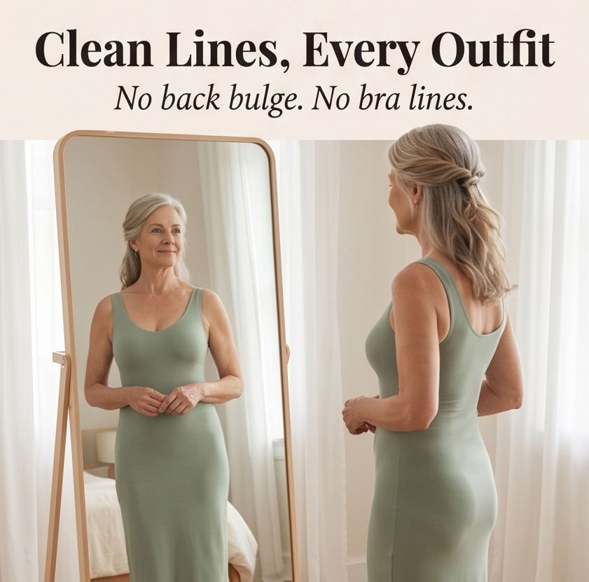 Feature panel at a mirror in a sage dress, front and back