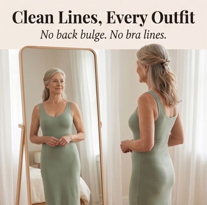 Feature panel at a mirror in a sage dress, front and back
