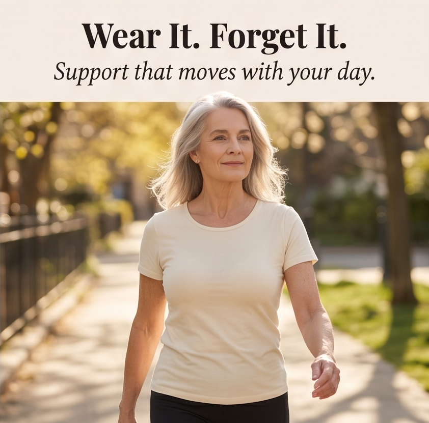 Feature panel of a woman walking outdoors in a cream tee