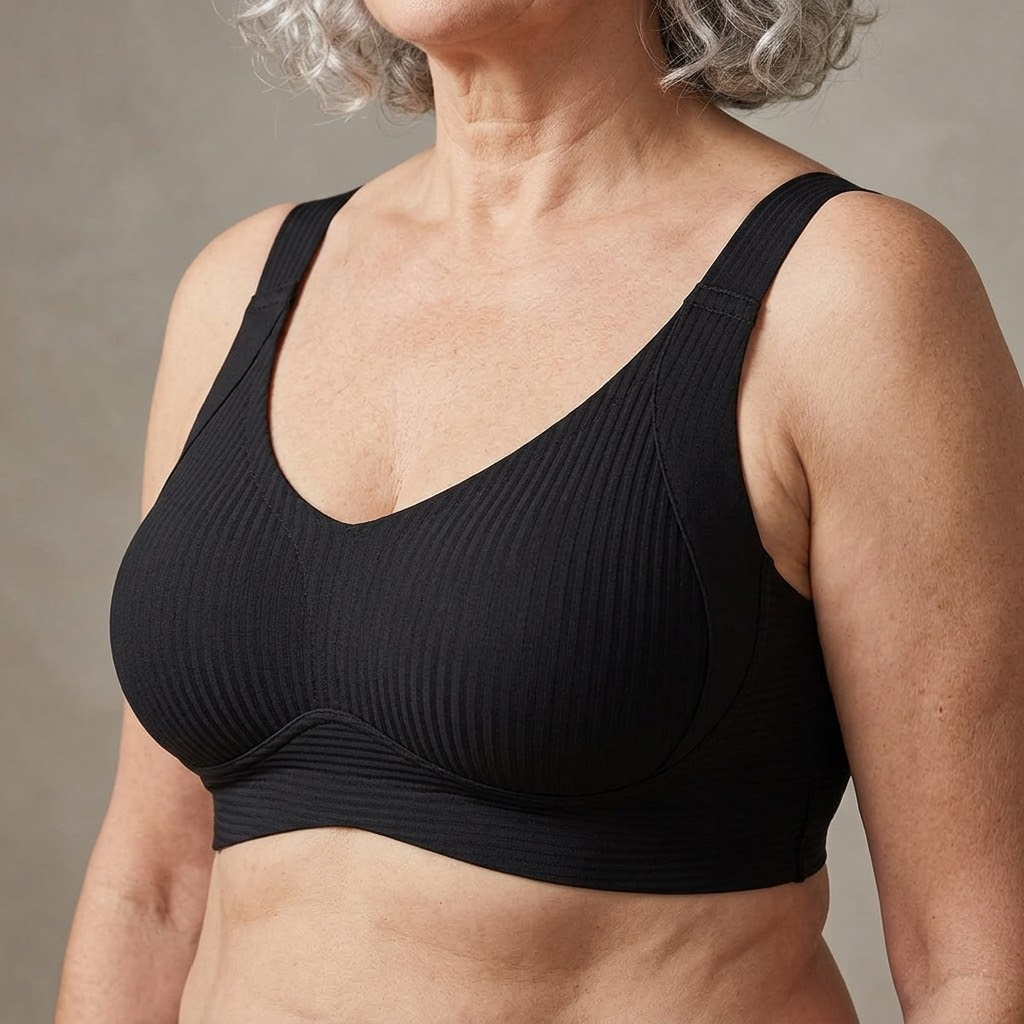 Black ribbed cooling bra worn with a wide underband