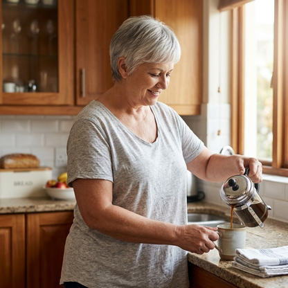 Woman pouring coffee in a kitchen wearing a grey tee