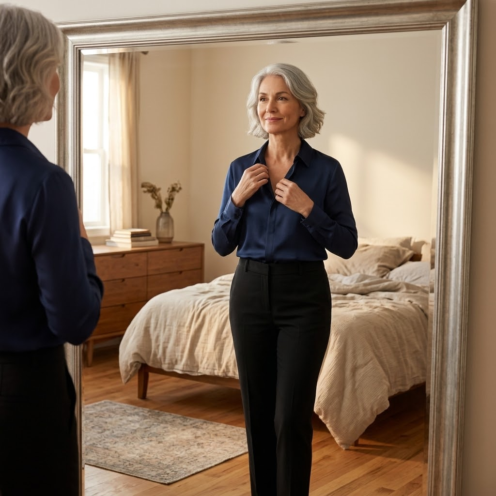 Woman at a mirror buttoning a navy blouse