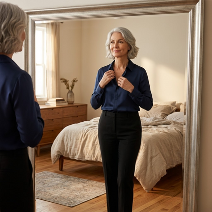 Woman at a mirror buttoning a navy blouse