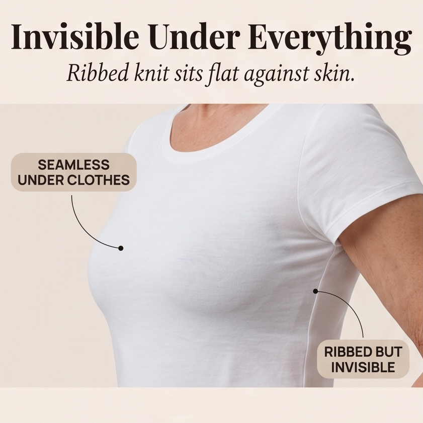Feature panel of the bra worn under a white tee