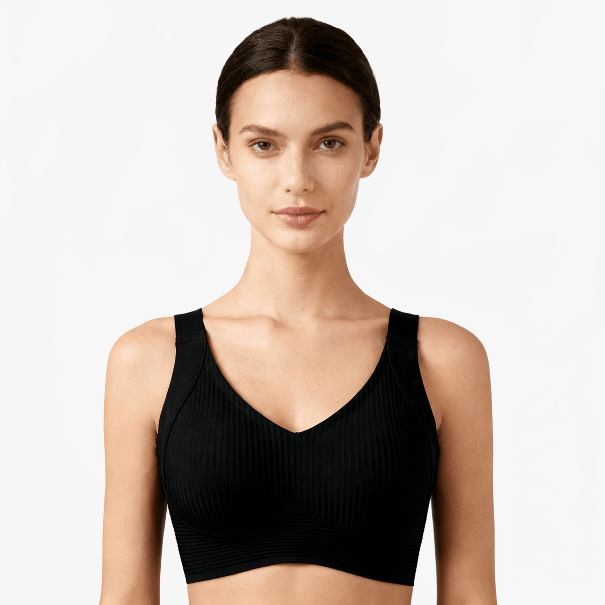 Black ribbed cooling bra worn on a body