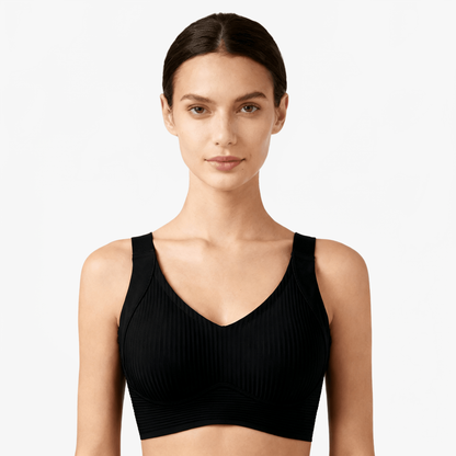 Black ribbed cooling bra worn on a body