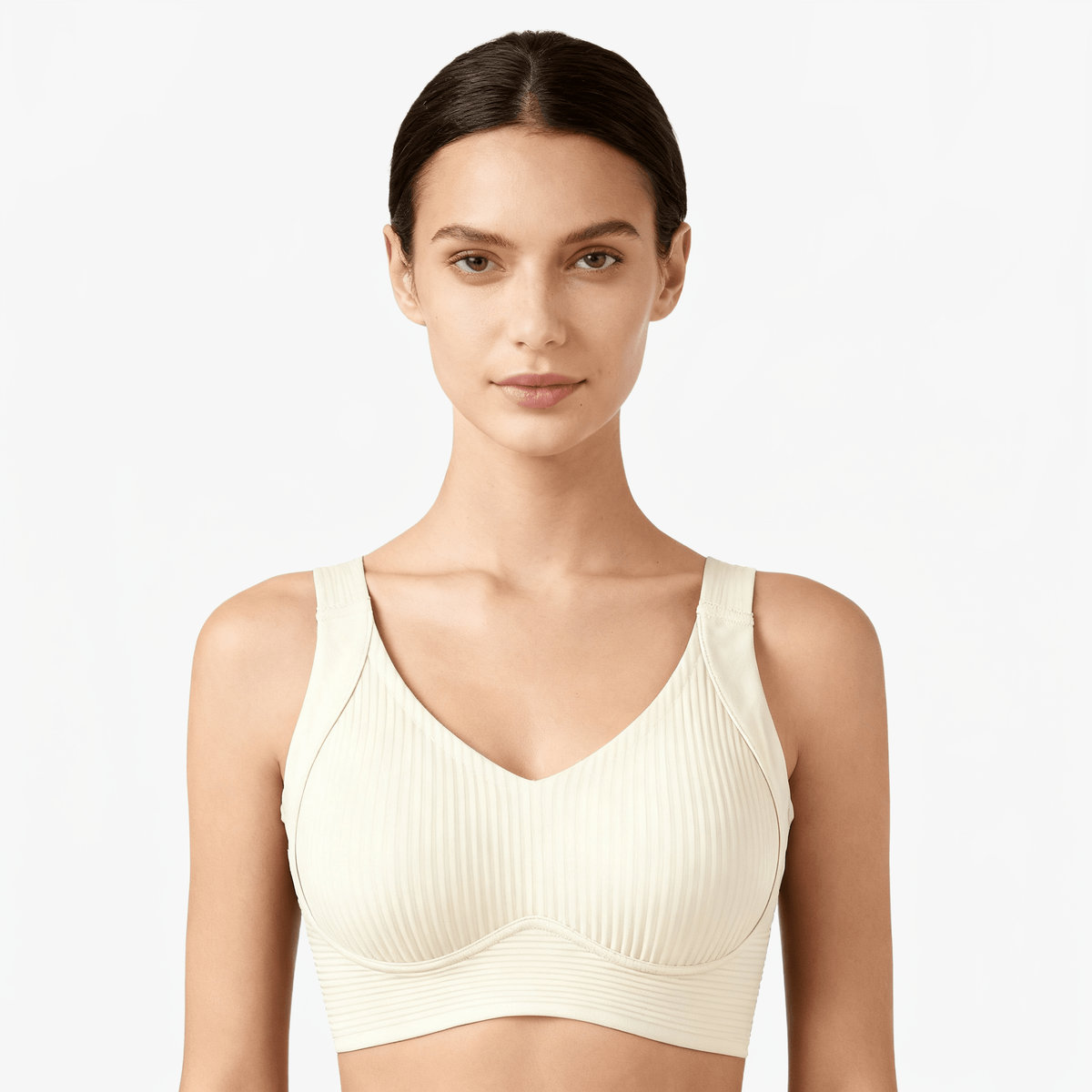 Cream ribbed cooling bra worn on a body