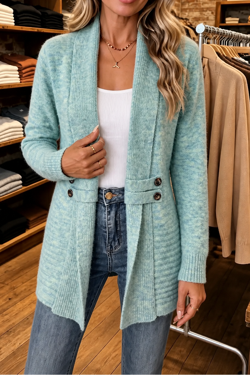 Mint marl open front knit cardigan with buttoned waist tabs