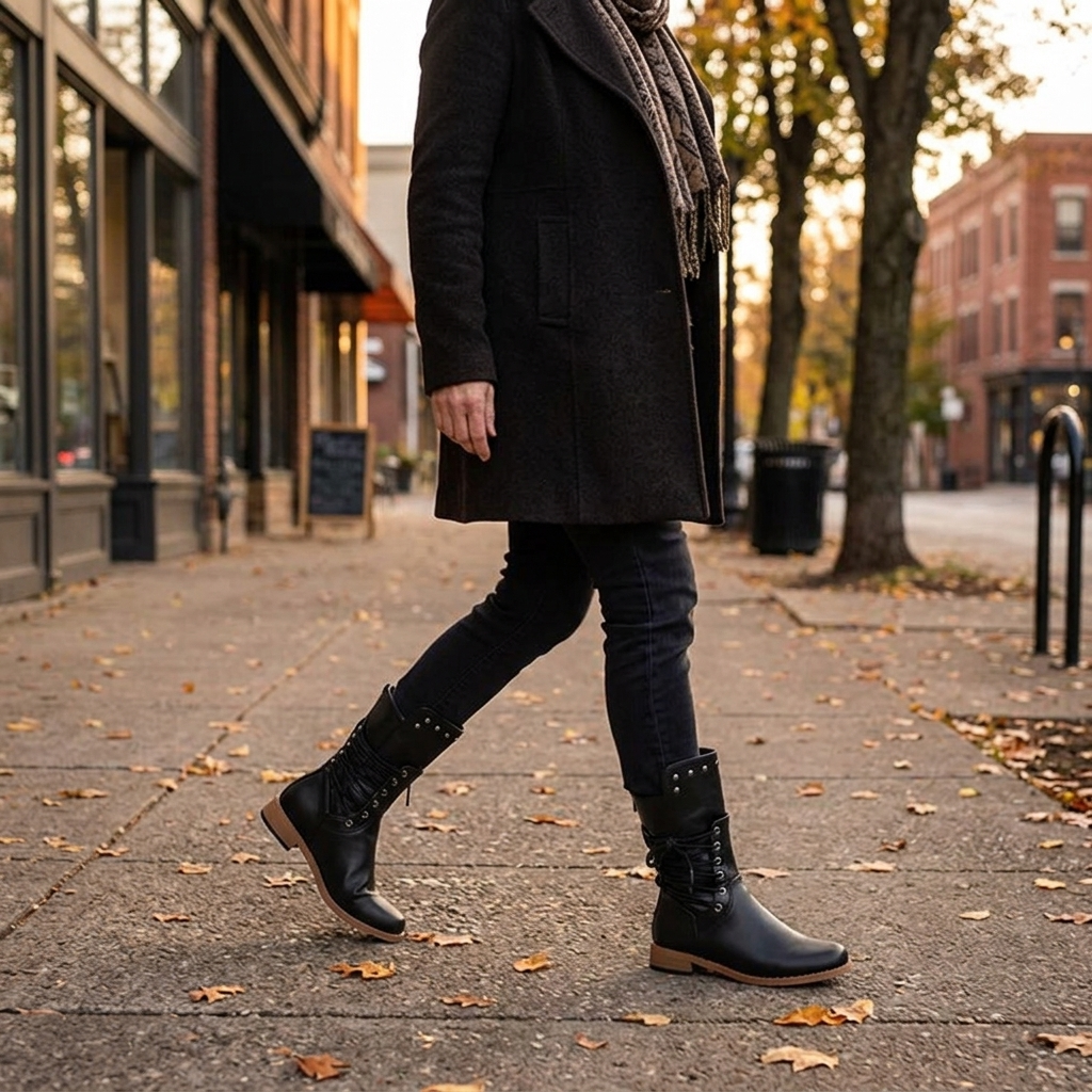 Woman walking on an autumn sidewalk in black lace up boots with studded cuffs