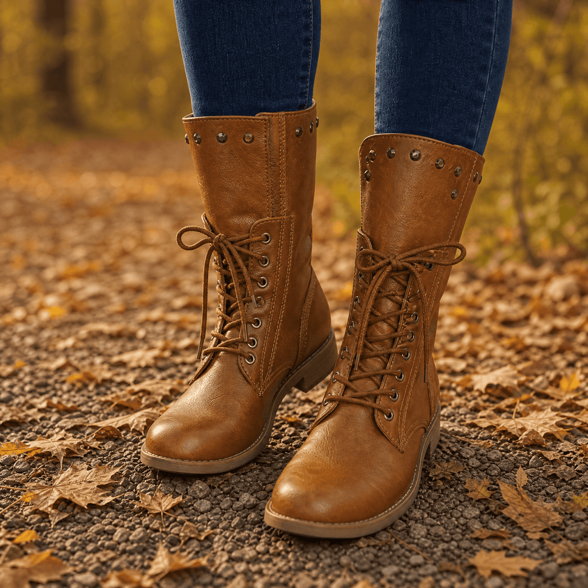 Tan studded lace up boots worn with jeans on an autumn leaf path