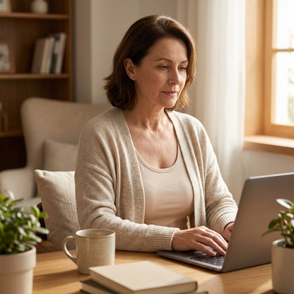 Woman working at a laptop in a cream cardigan