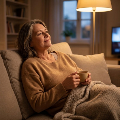 Woman with a mug on a sofa in a camel jumper