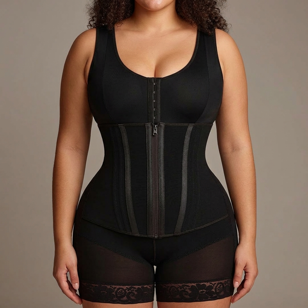 Black full-body shaper with a front zip and boned panels