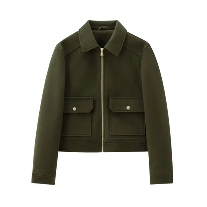 Olive wool blend zip jacket, front product view