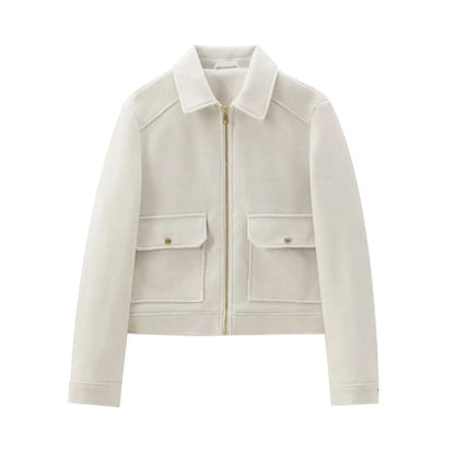Ivory wool blend zip jacket, front product view