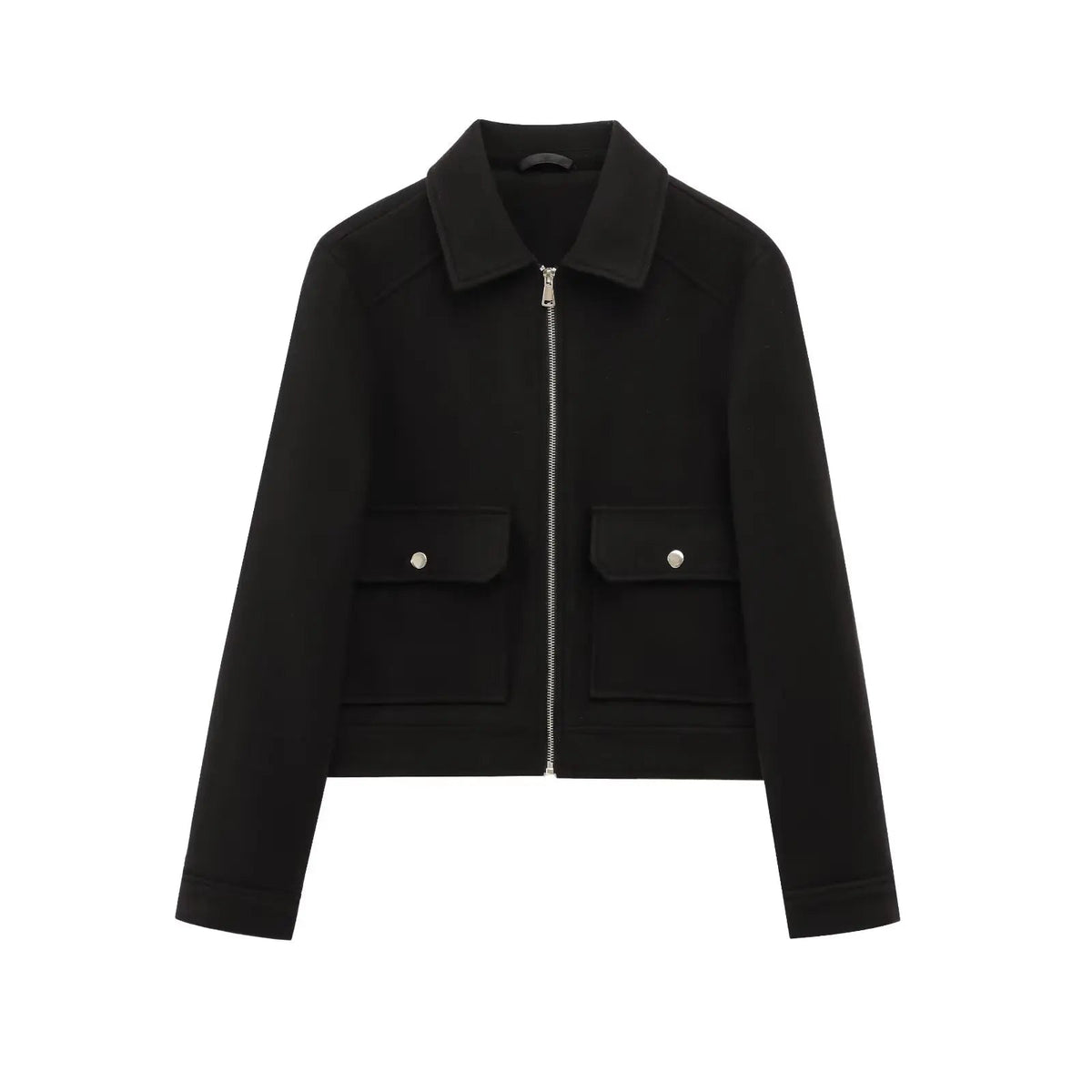 Black wool blend zip jacket, front product view
