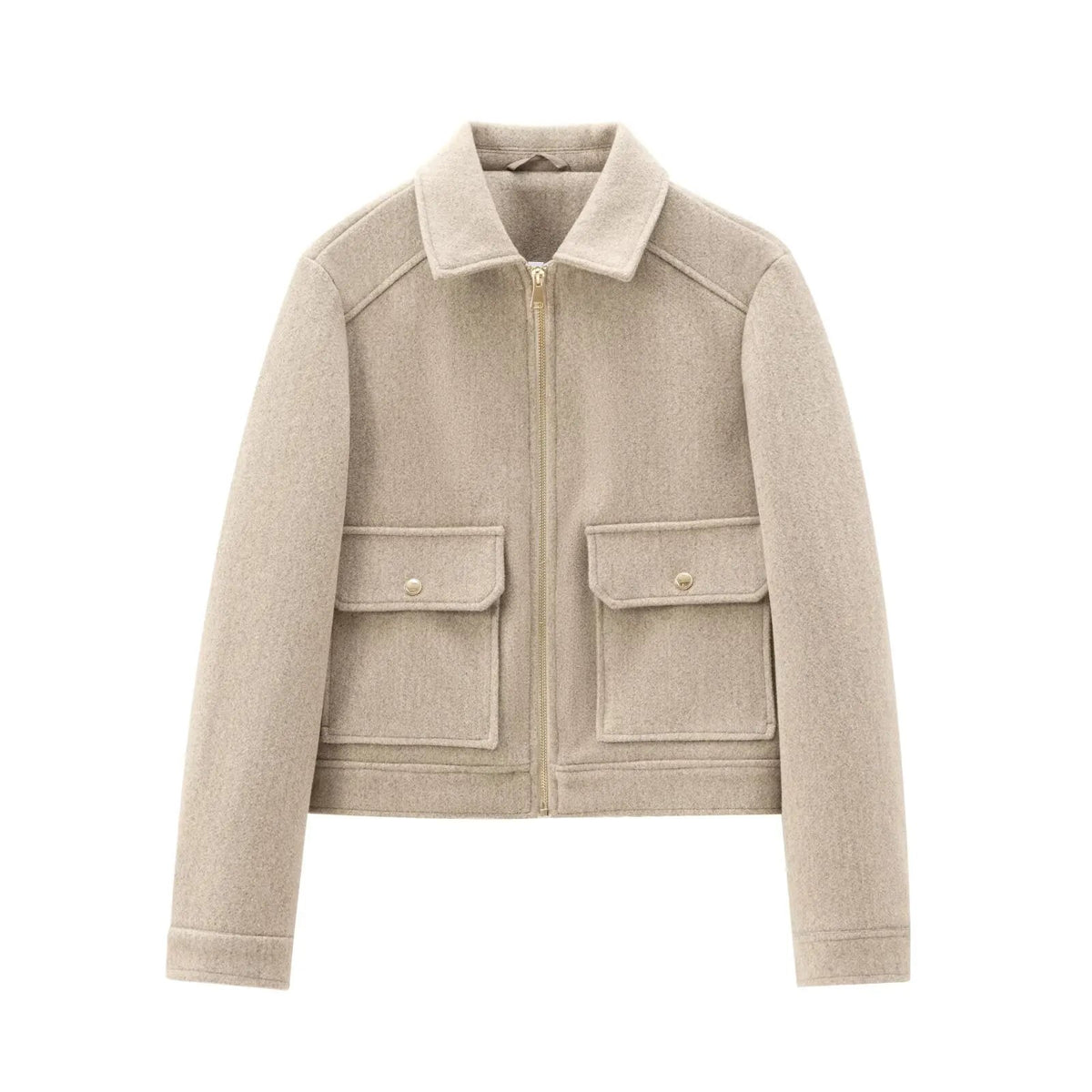 Oatmeal wool blend zip jacket, front product view