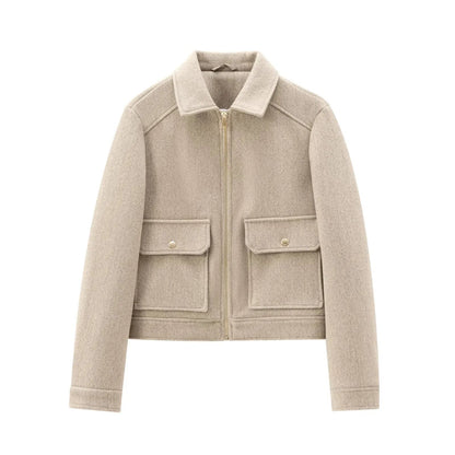 Oatmeal wool blend zip jacket, front product view